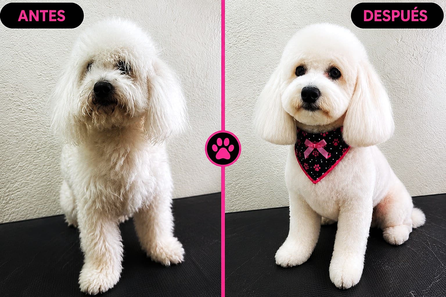 Before and after: a white Bichon, overgrown then shaped